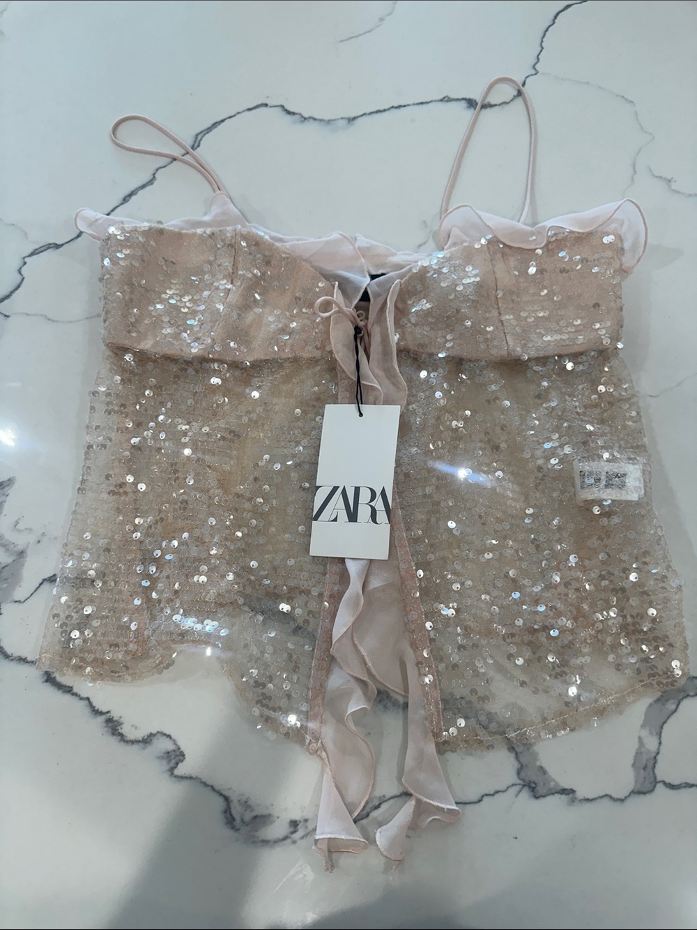 ZARA Blush Sequin Ruffle Spaghetti-Strap Cami